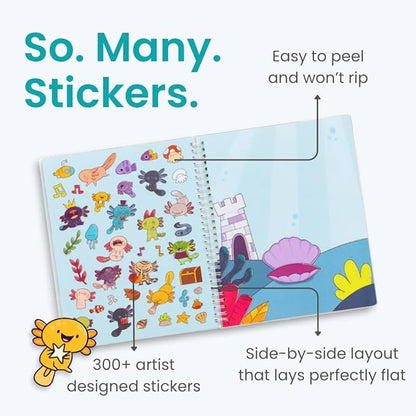 Cupkin Axolotl Sticker Book Activity, Toddler Airplane Travel Essentials, 300+ Axolotl Stickers for Kids + Eight Scenes + 8 Coloring Book Pages, Animal Lover Children's Gift, Kids Crafts for Ages 2-8