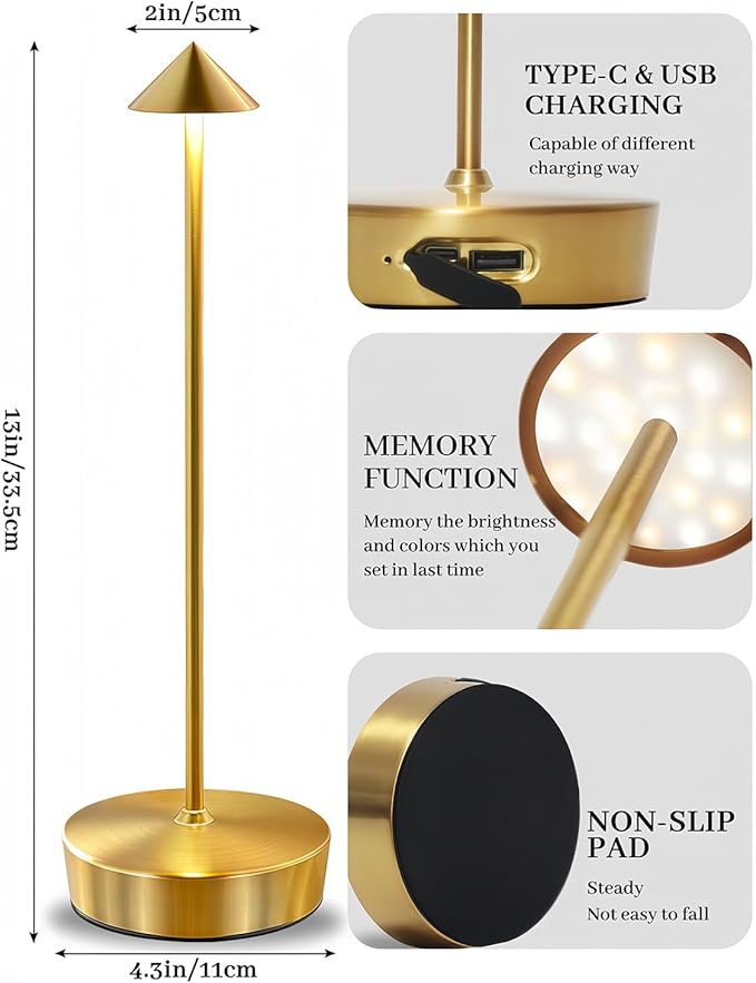 Gold Cordless Rechargeable Table Lamp 7200mAh Portable Touch Control Led Waterproof Table Lamp for Bedroom Reading