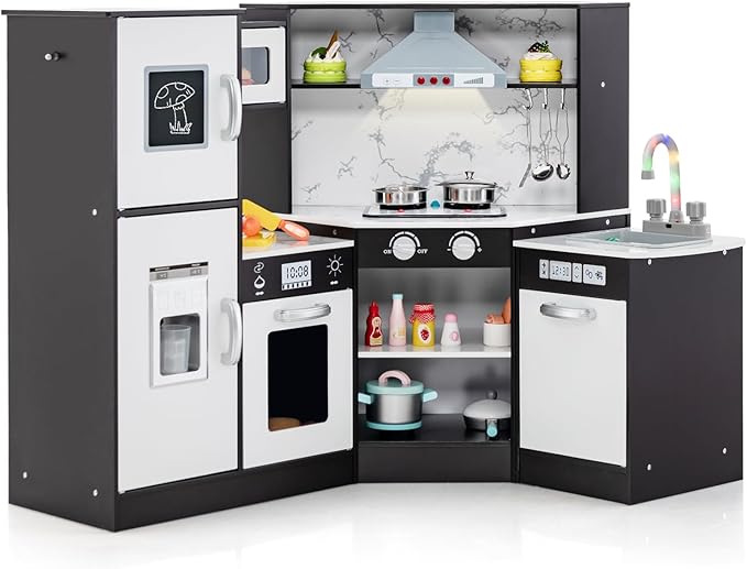 HONEY JOY Corner Kids Kitchen Playset, Modular Wooden Play Kitchen for Toddlers, Range Hood, Separated Washing Basin, Little Chef Pretend Toy Kitchen Set w/Lights and Sounds(Coffee)
