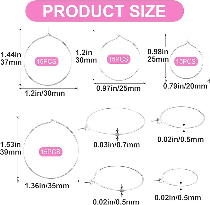 Pndeyo 60pcs Hypoallergenic Earring Beading Hoops, Mix Sizes Round Hoop Earrings Findings, Open Earring Wire Ring Accessories for Jewelry Making- Silver