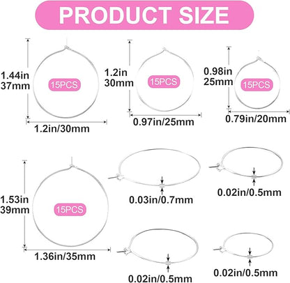 Pndeyo 60pcs Hypoallergenic Earring Beading Hoops, Mix Sizes Round Hoop Earrings Findings, Open Earring Wire Ring Accessories for Jewelry Making- Silver