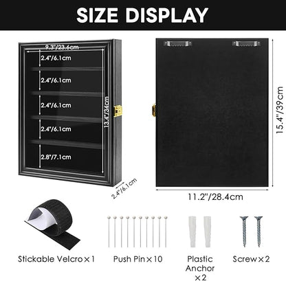 PiaoHao Medals Display Case Wall Frame for Collector, Military Challenge Coins Holder, Pins, Lockable Shadow Box with Removable Shelves, Black