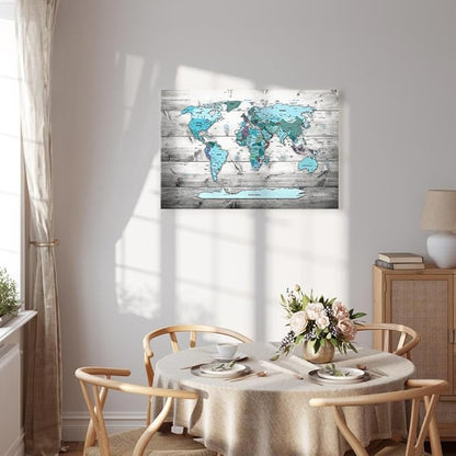 artgeist Acoustic Canvas Wall Art Print World Map 35x24 in - 1pcs Picture with Acoustic Foam Sound Print Artwork Room Acoustics Soundproofing World Travel Map Wood k-B-0009-b-d
