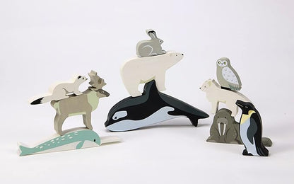 Tender Leaf Toys - Polar Animals - 10 Solid Wood Polar Animals with Shelving Unit - Made for Little Hands, Improve Hand-Eye Coordination for Boys and Girls - Age 3+