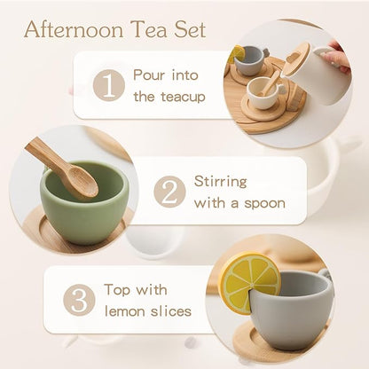 Wooden Tea Party Set for Little Girls 14pcs Toddler Tea Set with Silicone Teapot Cups Carrying Tray Scoop Kids Kitchen Accessories Pretend Play Wooden Toys for 3 4 5 6 Year Old Girl Birthday Gift