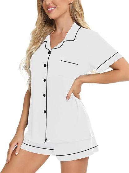 SWOMOG Womens Button Down Pajamas Set Short Sleeve Sleepwear Bride Soft Pj Lounge Sets XS-3XL