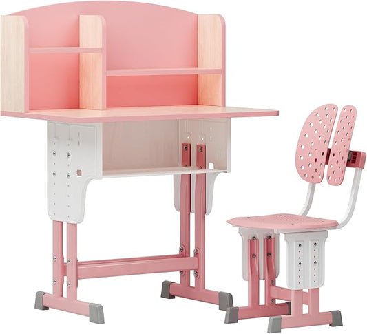 2025 NEW Kid's Study Desk and Chair Set, Ergonomic Height Adjustable Children Study Desk with Tilt Desktop, Book Stand, Light, Metal Hook and Storage Drawer,Gift for Boys Girls (Pink 70cm no lean)