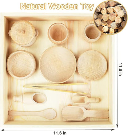 Montessori Sensory Bin Tools: 1 Wooden Box + 11 Sensory Tools for Toddlers & Preschool Children - Fine Motor Learning Pretend Play