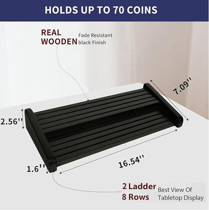 Challenge Coin Display Holder, 8 Rows Solid Wood Military Coin Stand Holds 60-70 Coins, Army Coin Display Rack for Desk (Black Finish)
