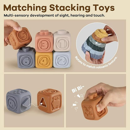 Stacking Rings & Nesting Building Blocks for Babies 6 12 18 Months, 14 Pcs Soft Stacker Teething Toys with 2 Dinosaur, Montessori Learning Toys for Infant Toddler Boys Girls