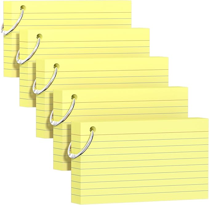 250 Count Yellow Index Cards 3x5 Inch with Key Ring, Color Flash Index Card (50 Sheets Each), Durable & Portable Note Taking for Students, Teachers, Study Note Cards for Office Home School