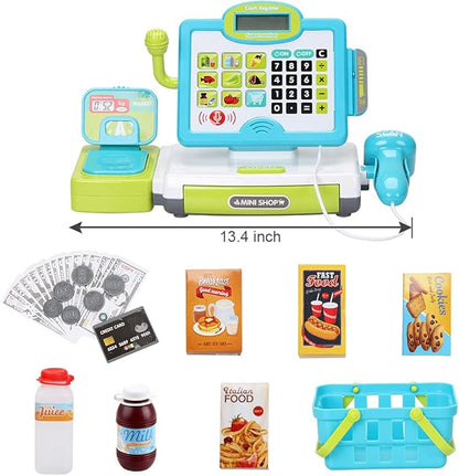 FS Pretend Play Calculator Cash Register Toy as Preschool Gift for Kids, Classic Count Toy with Sound, Microphone, Scanner, Pretend Credit Card, Play Food for Boys & Girls,45 Pieces, Ages 3 4 5 6 7