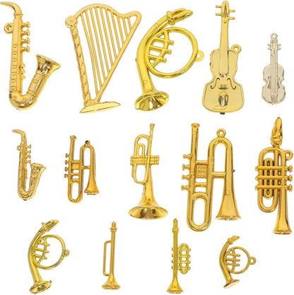 VICASKY 14pcs Mini Musical Instruments Charms Set Christmas Tree Ornaments with Tiny Guitar Trumpet Saxophone Elements Pendants for Dollhouse Accessories Holiday Decorations