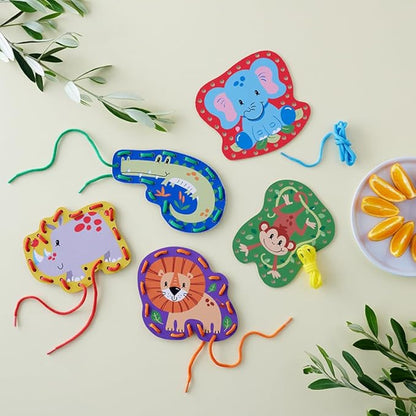 Serabeena Safari Kids Lacing Cards - Colorful Lacing Cards for Kids Ages 3-5 Plus - Lace Up Sewing Cards - Develops Hand-Eye Coordination & Fine Motor Skills - 5 Sewing Animals for Kids with Laces