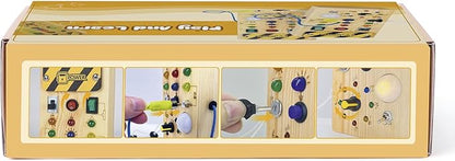 Montessori Wooden Busy Board with 8 LED Light switches, Sensory Toys Light Switch Travel Toys for 1+ Year Old Baby and Toddler