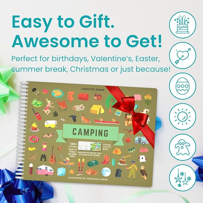 CUPKIN Sticker Book for Kids 2-4, 500+ Kids Stickers, Camping Stickers 12 Coloring Pages 12 Side by Side Scenes, Fun Toddler Travel Activity Coloring and Sticker Books for Ages 4-8 + 8-10