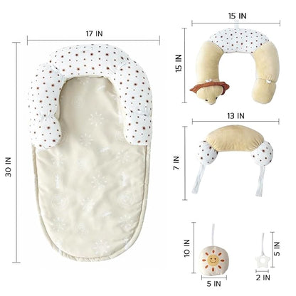 2-in-1 Tummy Time Mat and Seated Support with Sensory Toys – for Newborns and Babies – Includes Detachable Cushion for Supervised Play & Head/Neck Development (Sand)