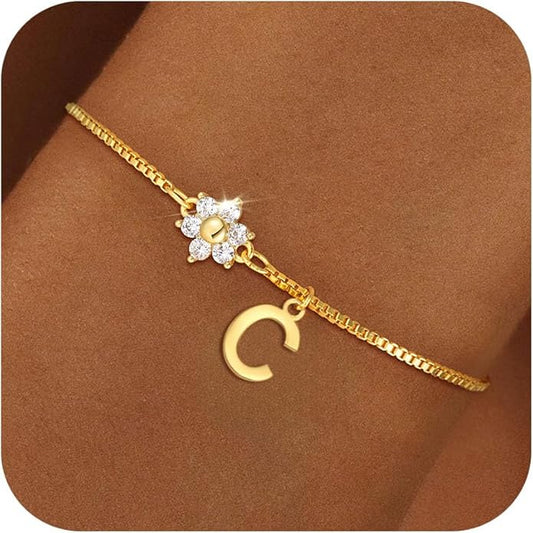 C-leen Gold Initial Bracelets for Women Girls - 18K Gold Plated Flower CZ Initial Bracelet Teen Girl Gifts Trendy Stuff Dainty Gold Bracelets for Women Girls Trendy Jewelry Gifts
