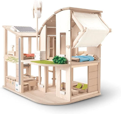 PlanToys Green Wooden Dollhouse with Furniture - Chemical-Free Green Toy Featuring 18 Wooden Furtniture Set