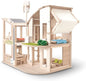 PlanToys Green Wooden Dollhouse with Furniture - Chemical-Free Green Toy Featuring 18 Wooden Furtniture Set
