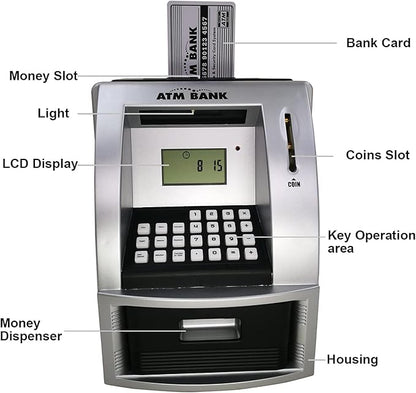 ATM Piggy Bank for Kids, Electronic Money Bank with Coin Counter, Goal Tracker, Password & Card, Auto Bill Intake with Voice Prompts – Compact Savings Gift for Boys & Girls Ages 6–12 (Black)