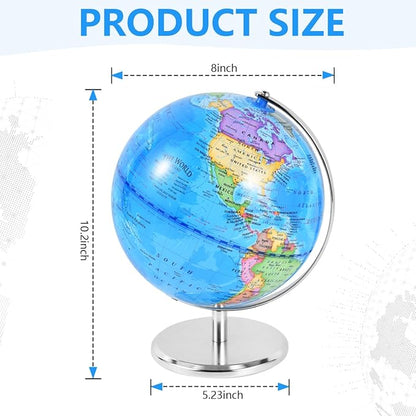 8 Inch World Globe Rotating Earth Spinning Globe with Heavy Metal Stand for Kids Geography Classroom Education or Office Home Decorations