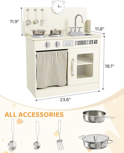 MAMIZO Kids Kitchen Playset with Ample Storage, Interactive Play Kitchen with Simulated Gas Cooker, Clicking Knobs, Sink, Faucet, 6 Pcs Cookware, Educational Clock for Toddlers (Cream)