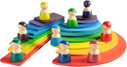 Rainbow Peg Dolls for Toddlers, 12 PCS Wooden Peg People Toys, Wooden People Pretend Play with Rainbow Stacking Toy, Preschool Wood Rainbow Friend Educational Toys