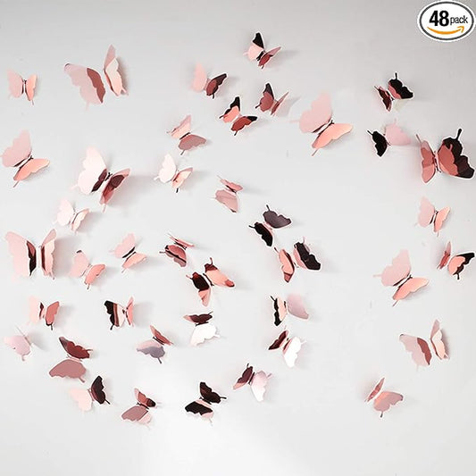 48 Piece DIY Mirror 3D Butterfly Stickers - Removable Decals for Home, Bedroom, Bathroom, Living Room (Rose Gold)