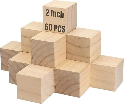 60 PCS 2 x 2 x 2 Inch Unfinished Wood Blocks, Natural Solid Square Wood Blocks Wooden Cubes for Craft Carving Painting Decoration