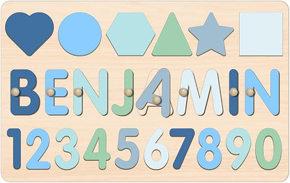 Personalized Name Puzzle with Numbers and Shapes, Custom Wooden Puzzles for Toddlers 1-3, Montessori Toys for 1st Birthday Girls & Boys, Personalized Baby Easter Gifts