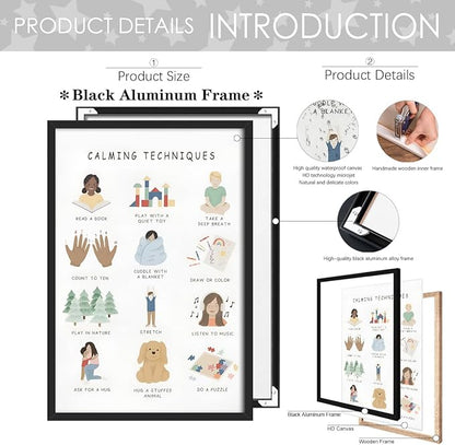 Feelings Calming Techniques Canvas Wall Art Calming Corner Classroom Mental health Posters Boho Emotions Chart for Kids Prints Special Education Wall Decor for Office School 24x36in BlackFramed