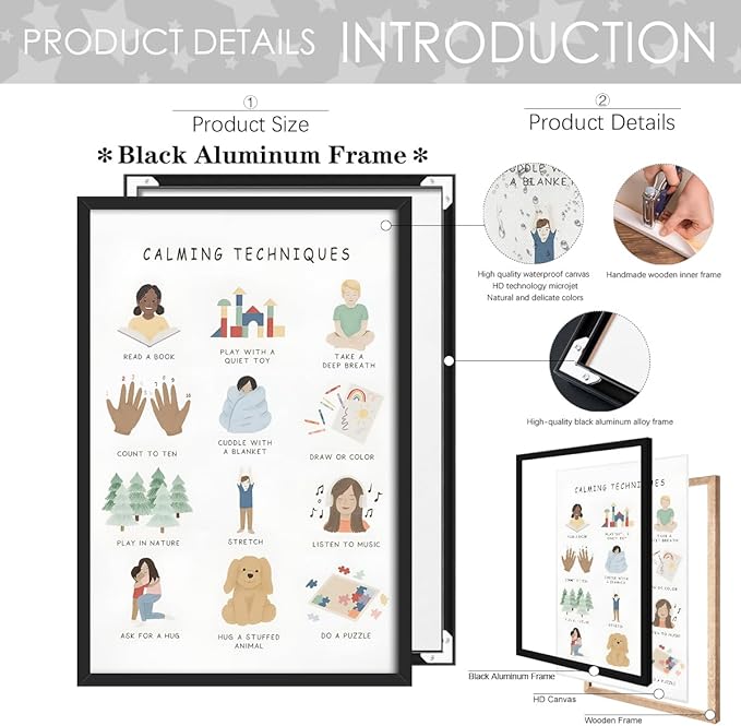 Feelings Calming Techniques Canvas Wall Art Calming Corner Classroom Mental health Posters Boho Emotions Chart for Kids Prints Special Education Wall Decor for Office School 16x24in BlackFramed