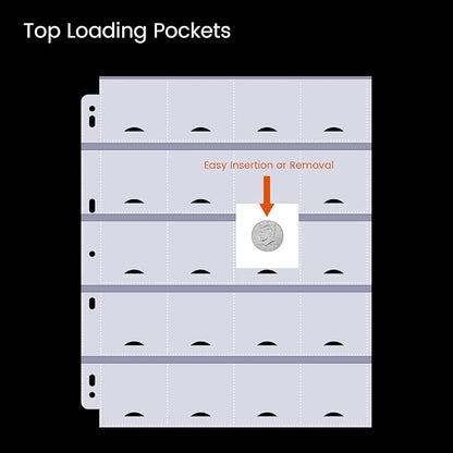 50-Sheets 20-Pocket Thumb-Cut Coin Pages - Coin Pocket Pages for 2 x 2 Inch Cardboard Coin Holders, Collecting Sleeves for Coin Flips, 1000 Pockets for Coin Binder, Coin Collection Storage Supplies