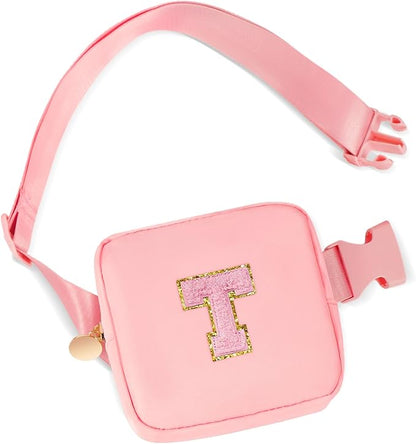 Mini Belt Bag Fanny Pack with Initials Letter Patch Small Crossbody Bags Cute Stuff Birthday Gifts for Teenager Girls Trendy Stuff for Teens - Initial T,Peach