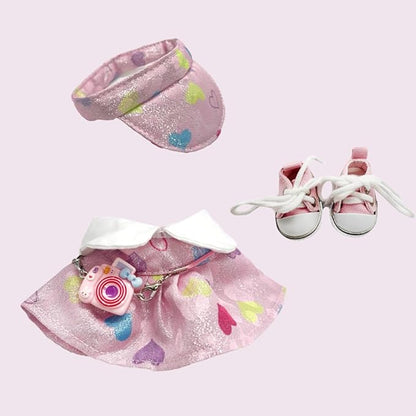 Clothes for 17cm Doll (Clothes Only) – 4-Piece Pink Outfit Set with Casual Hat, Dress, Camera Bag, and Pink Canvas Shoes for a Cute and Stylish Look – 17cm Doll Accessories