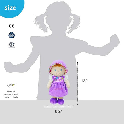 June Garden Personalized Soft Dolly Laura - Stuffed Soft Baby Doll for Birth and Up with Custom Name - Purple Dress - 13"