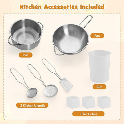 HONEY JOY Corner Kids Kitchen Playset, Wooden Toy Kitchen Set w/Lights & Sounds, Range Hood, Ice Maker & Coffee Maker, Microwave, Sink, Faucet, Little Chef Pretend Play Kitchen for Toddlers, Brown