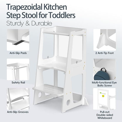 4 in 1 Kitchen Toddler Step Stool, Foldable Learning Toddler Standing Tower with Double-Sided Whiteboard, Wooden Kitchen Stool Helper for Kids 1.5 to 5 Years Old,Bathroom Sink Counter