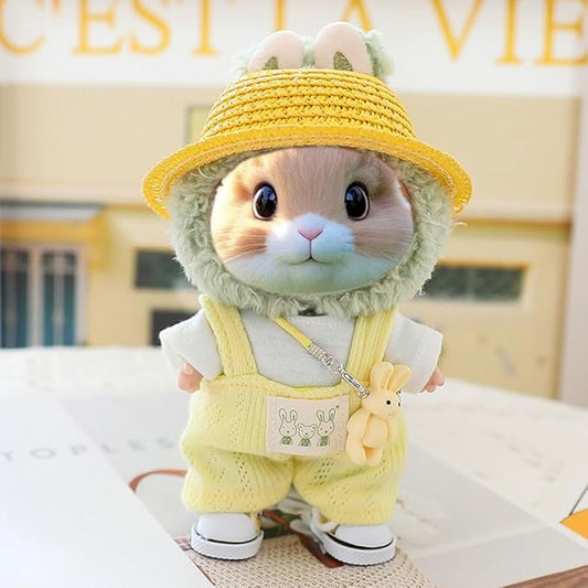 5 Pcs/Set 15-17cm Doll Clothes for Labb Rabbit Bunny, Lovely Girly Doll Clothing Straw Hat+Overalls+T-Shirt+Handbag+Canvas Shoes, Fashionable Outfit for Dress up, Doll Costume Fashion Dresses -Yellow