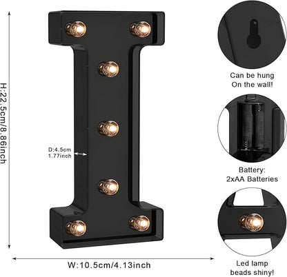 Foaky Black LED Letter Lights for Room Decor - Bedroom Wall Decor, Alphabet Lights for Home, Wedding, Party - Battery Operated （I）