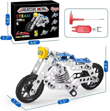 Creative Set Motorcycle,Stem Building Projects Toys for Kids 8 9 10 11 12+ Year Old,Metal Building Construction Model kit, 5 in 1 Motobike Building Blocks Steam Educational Toys(139PCS)