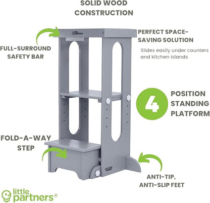 Little Partners Foldable Toddler Tower, Learning Tower Explore 'N Store Montessori Standing Kitchen Tower with Folding Step Stool Platform for Cooking and Learning, Ages 2+ (Silver Drop)