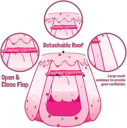 ArtCreativity Pop Up Princess Tent, Kids Playhouse Tent with a Carry Bag, Foldable Pink Princess Ball Pit for Girls 1,2 3,4 Year Old Birthday, Indoor & Outdoor Play House for Kids