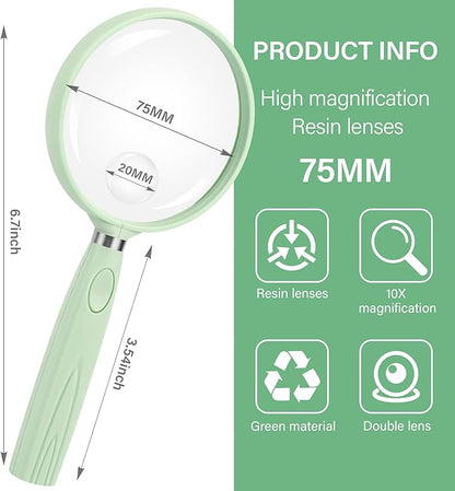 Feosky Handheld Reading Magnifier, 10X 30X Magnifier, 75mm Shatterproof Lens, Non-Slip Handle for Adults Close Work, Seniors Reading and Kids Nature Exploration, Hobby Observation (Green)