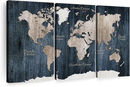 ElephantStock Aged Blue World Map I Canvas - 3 Panel Wall Decor - World Map Digital Art - Blue Wall Art - 57" X 36"