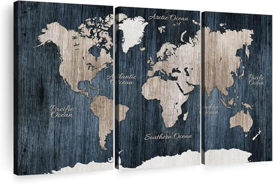 ElephantStock Aged Blue World Map I Canvas - 3 Panel Wall Decor - World Map Digital Art - Blue Wall Art - 45" X 28"