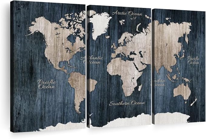 ElephantStock Aged Blue World Map I Canvas - 3 Panel Wall Decor - World Map Digital Art - Blue Wall Art - 50" X 32"
