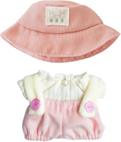 Clothes for Dolls Accessories (No Doll), Cute Outfit Set 3 Pieces Bib Pants Suitable for 15 & 17cm Doll Suit, Stylish Dress Up Overalls Doll Clothing Set Replacement with Hat Clothes Pink