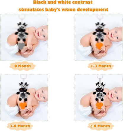 KAKIBLIN Baby Hanging Toy,3 Pack Black and White Sensory Toys for for 0 3 6 9 to 12 Months, High Contrast Soft Hanging Crinkle Squeaky Learning Toy with Teether for Boys Girls (21CM, Zebra,Deer&Cow)